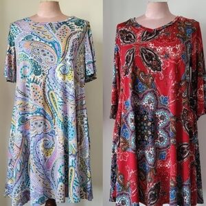 Lot 2 Vintage Paisley Swing Dress NO TAGS Red White Blue / Pastel